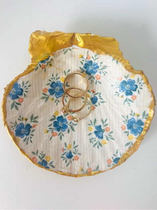 Handmade Jewelry - Handcrafted scallop shell trinket dish with blue floral stripe decoupage design